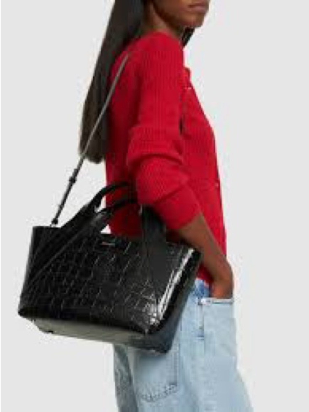 Anine Bing Black Croc-Embossed Satchel with Top Handles